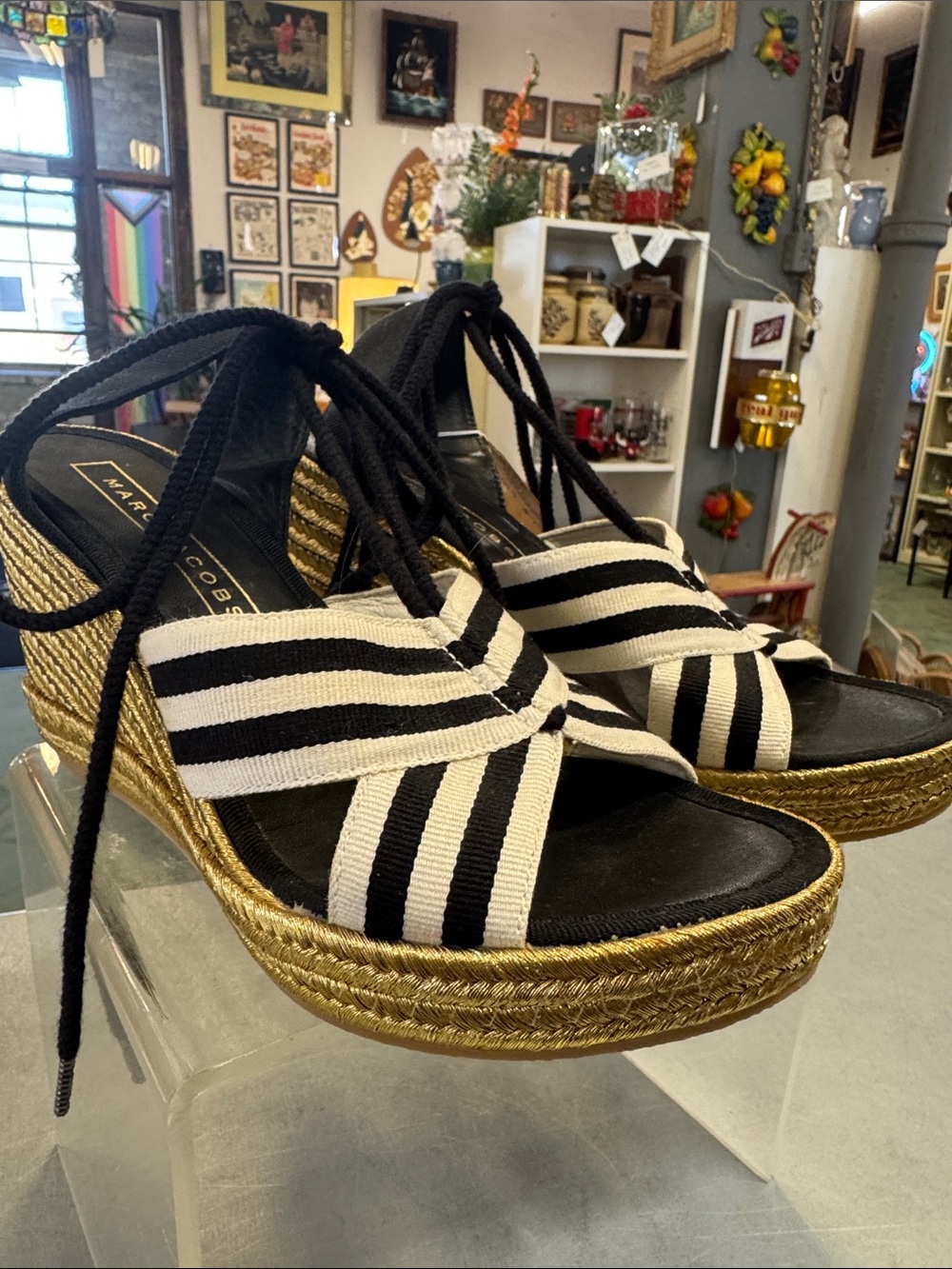 Marc Jacobs Black & White Striped Espadrille Wedge Sandals 37